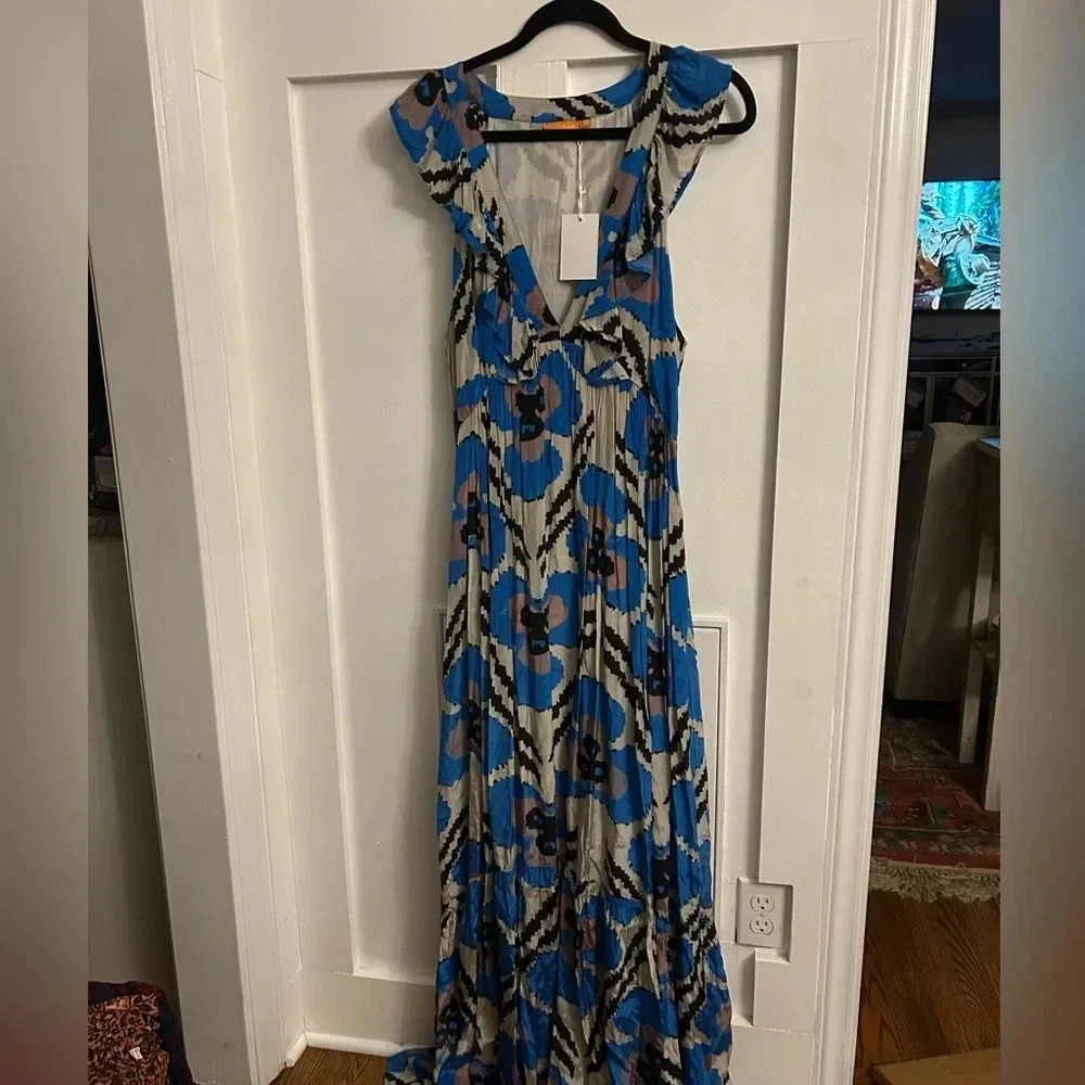 Oliphant Blue, White and Black Patterned Maxi Dress